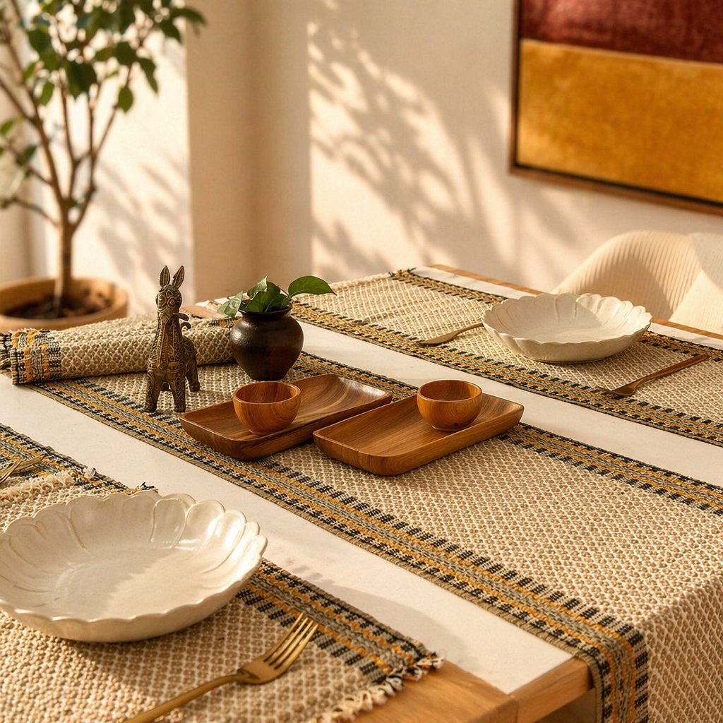 Madur Beige Handwoven Grass Mat & Runner Set, The Gathered Table. Handmade in India by House of Taraasha.