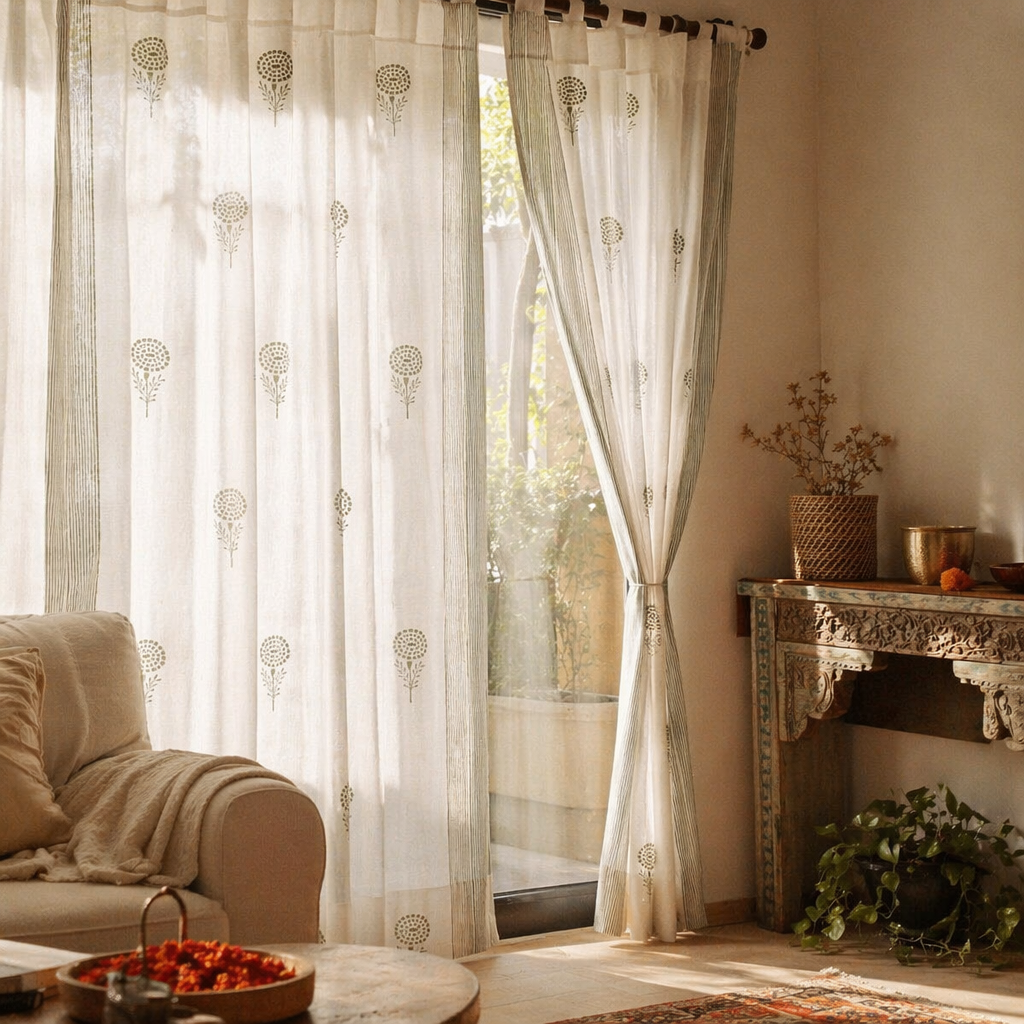 Marigold Sheer Hand Block-Printed Teal and Green Mulmul Curtain, The Draped Window. Handmade in India by House of Taraasha.