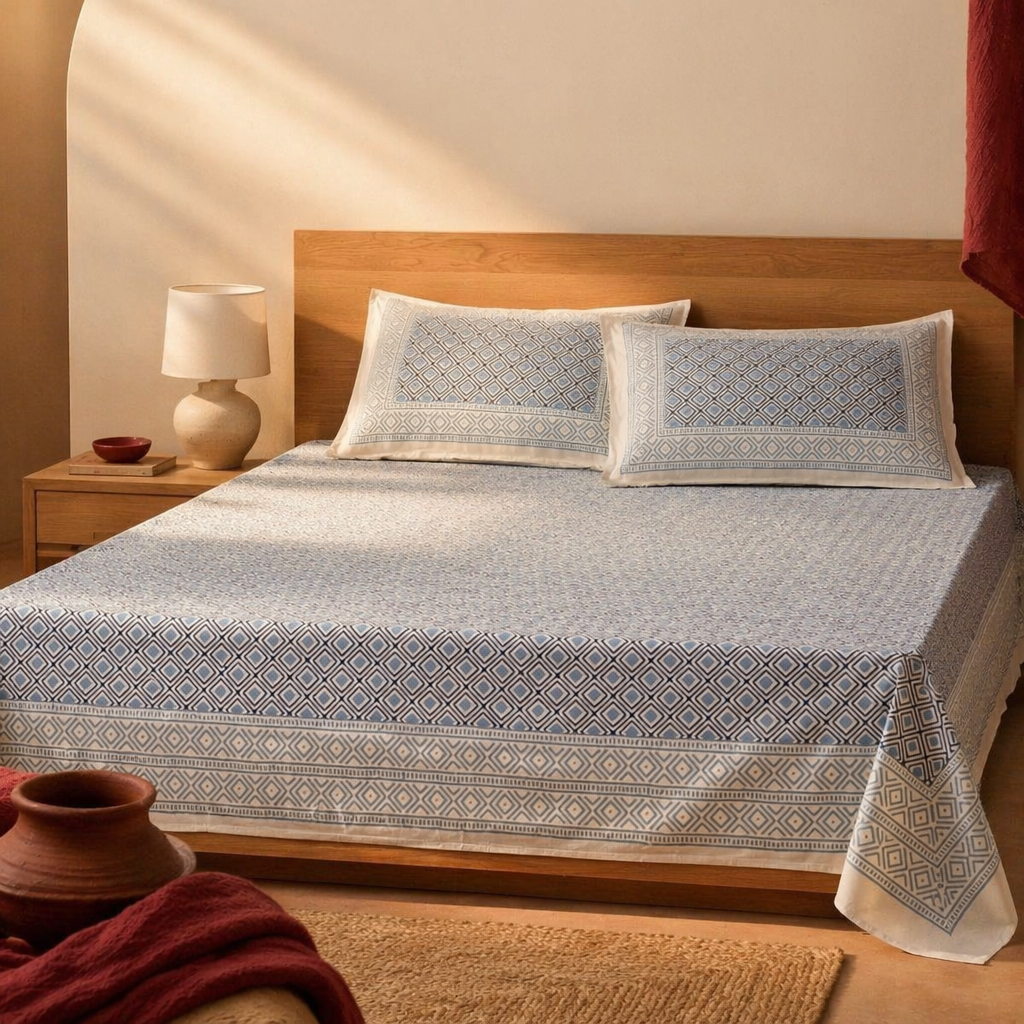 Blue & Grey Bagru Geometric Bedsheet, The Linen Room. Handmade in India by House of Taraasha.