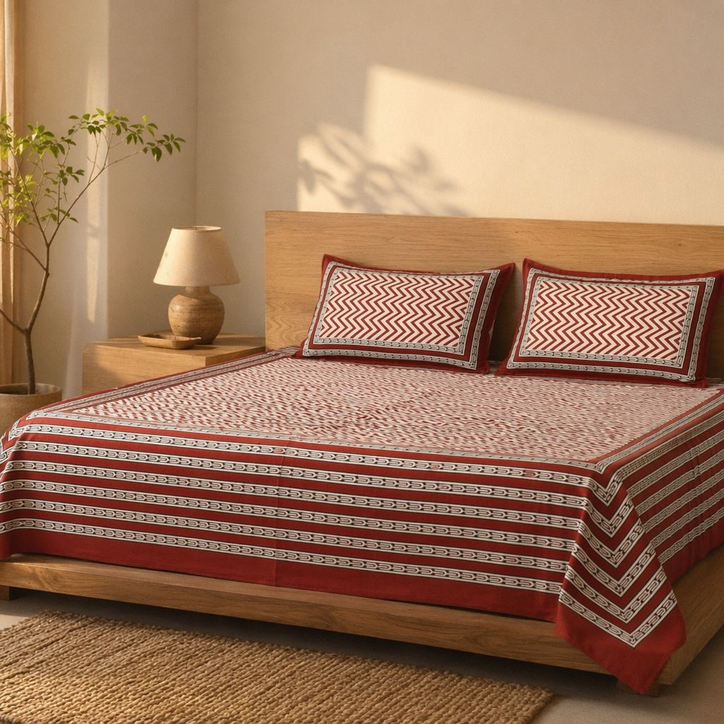 Maroon & Black Bagru Chevron Bedsheet, The Linen Room. Handmade in India by House of Taraasha.