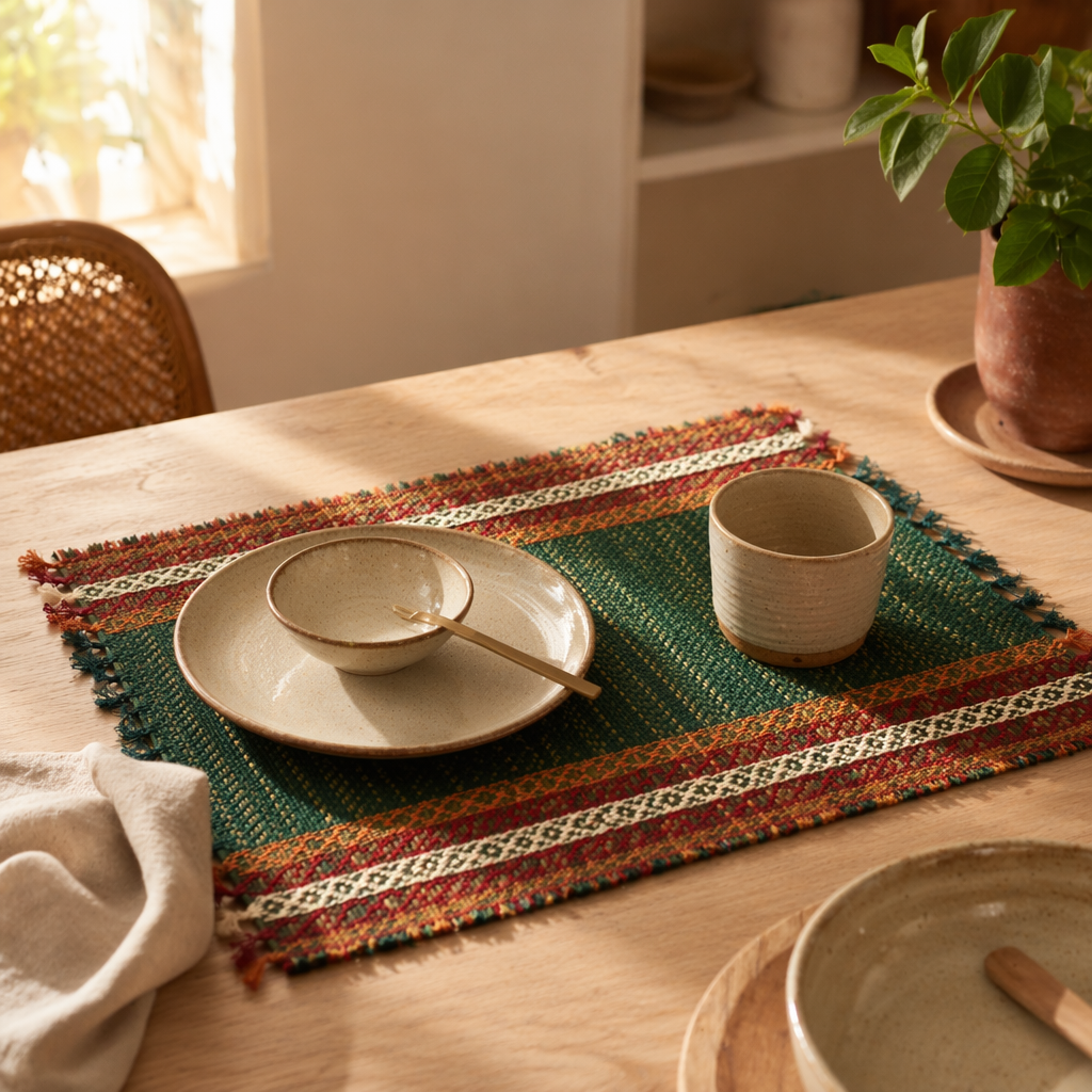 Forest Green Handwoven Grass Table Mat, The Gathered Table. Handmade in India by House of Taraasha.