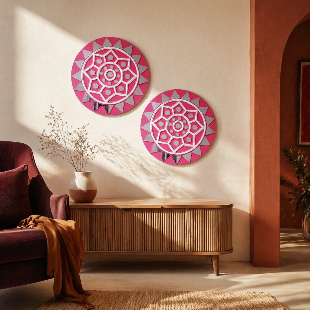 Pink Lippan Round Wall Medallions Pair, The Art Wall. Handmade in India by House of Taraasha.