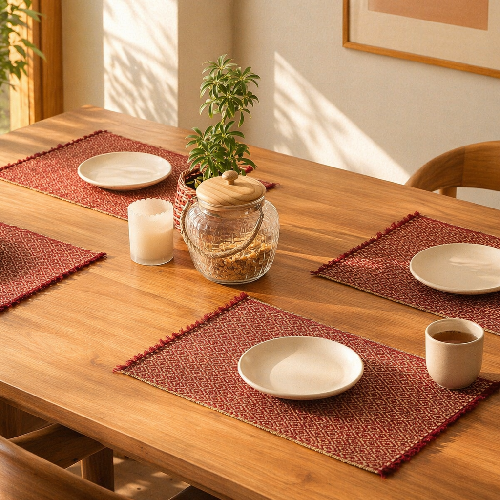 Madur Grass Woven Table Mats Maroon, The Gathered Table. Handmade in India by House of Taraasha.