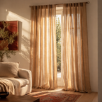 Handwoven Stripe Beige and Blue Cotton Curtain, The Draped Window. Handmade in India by House of Taraasha.