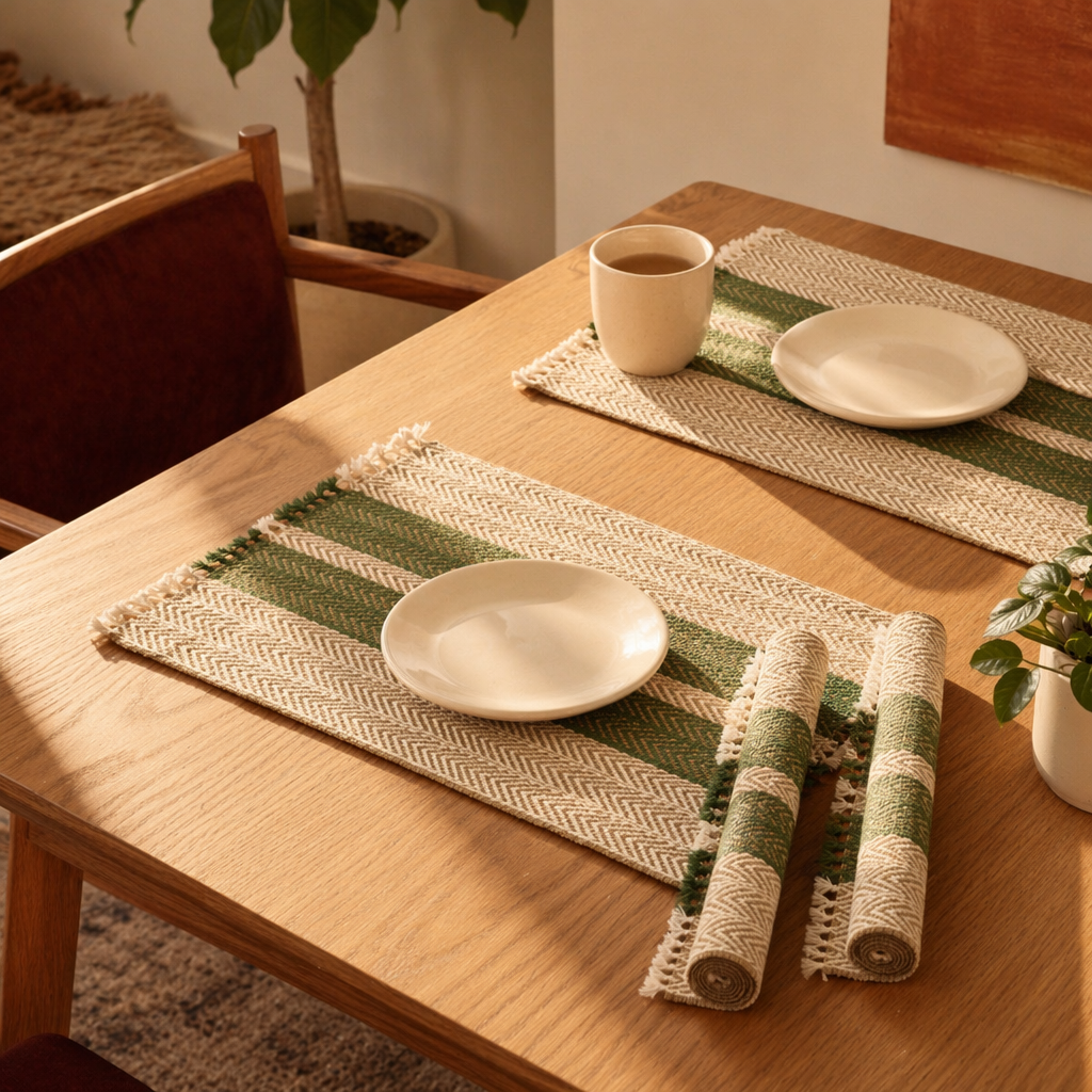 Olive Green & Off-White Madur Grass Table Mat, The Gathered Table. Handmade in India by House of Taraasha.