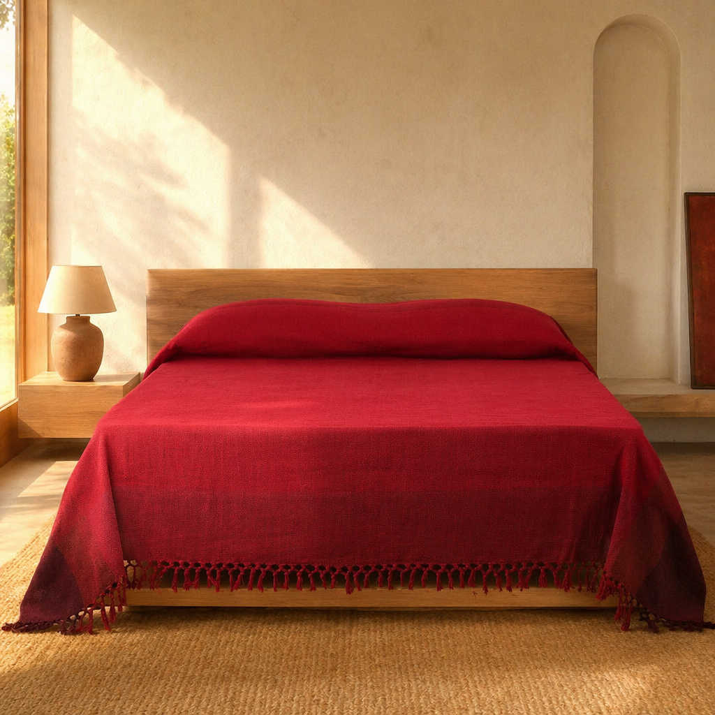 Berry Tones Handwoven Cotton Bed Cover, The Linen Room. Handmade in India by House of Taraasha.
