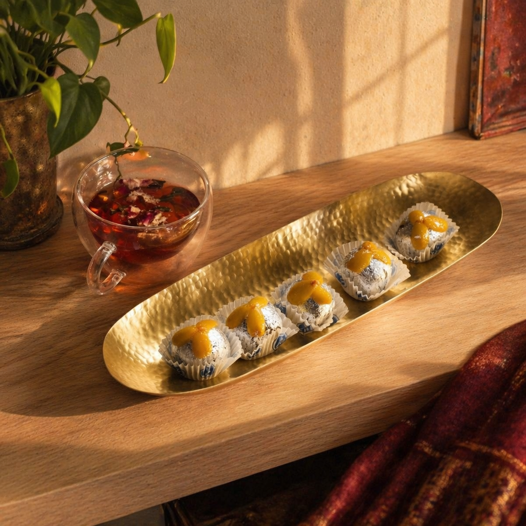 Moradabad Hammered Brass Serving Tray Platter, The Brass Atelier. Handmade in India by House of Taraasha.