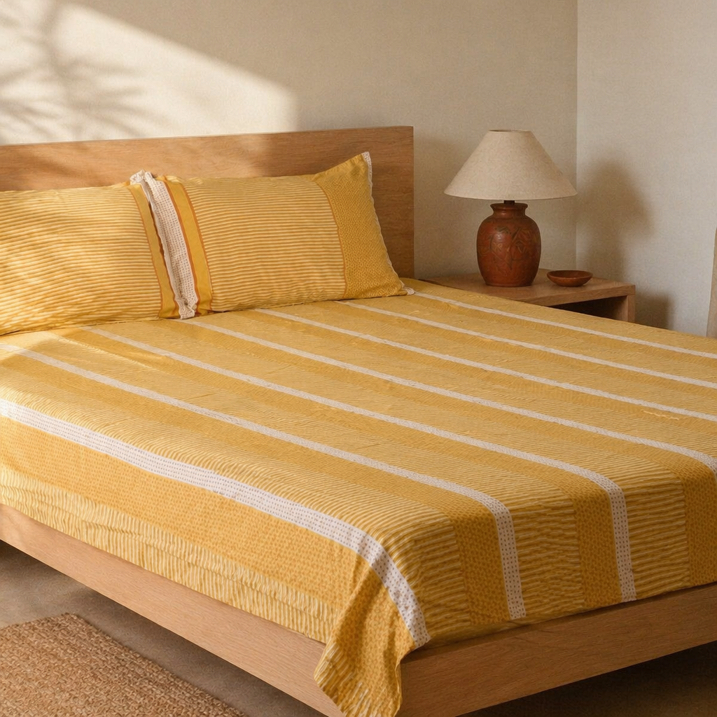 Mustard & Off-White Textured Cotton Bedsheet, The Linen Room. Handmade in India by House of Taraasha.