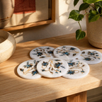 Agra White Marble Coasters with Pietra Dura Inlay, The Brass Atelier. Handmade in India by House of Taraasha.