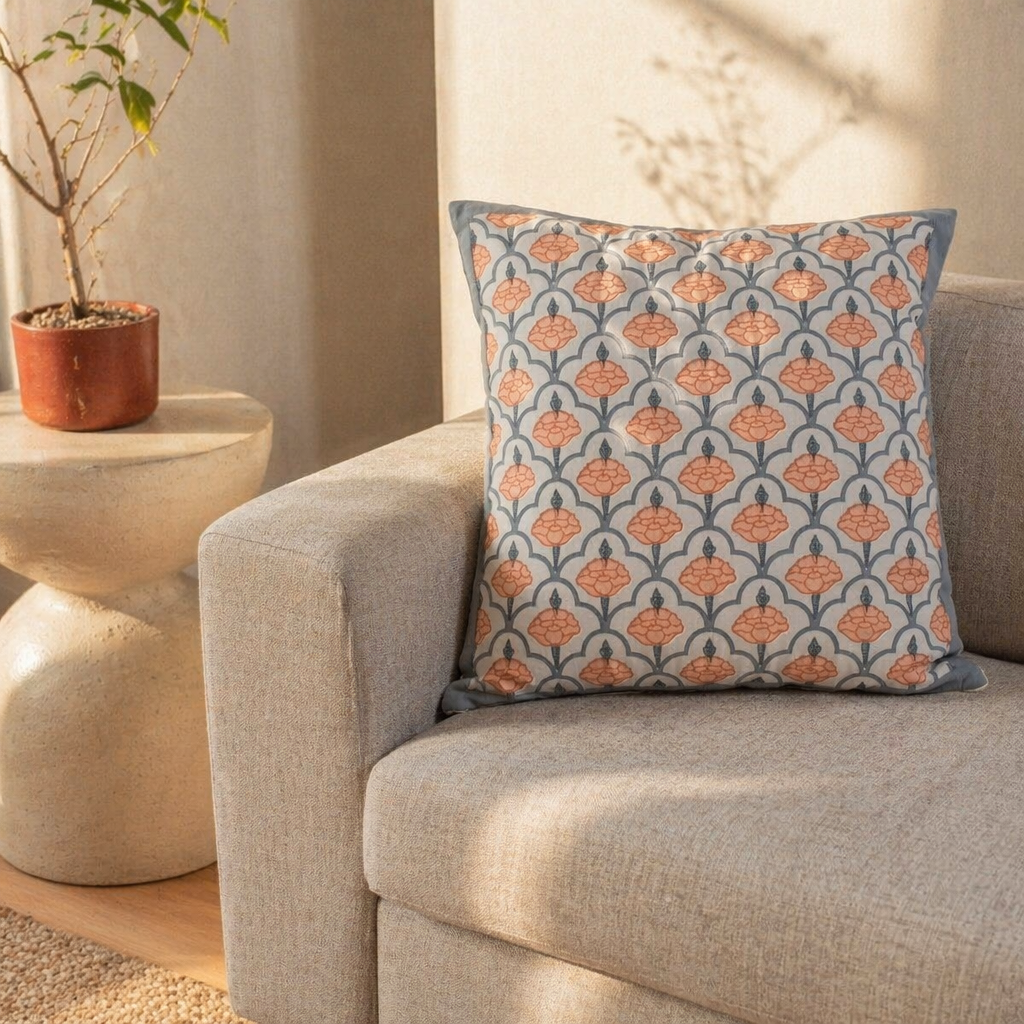Jaali and Floral Blue and Dusty Pink Cushion Cover Set, The Living Room. Handmade in India by House of Taraasha.