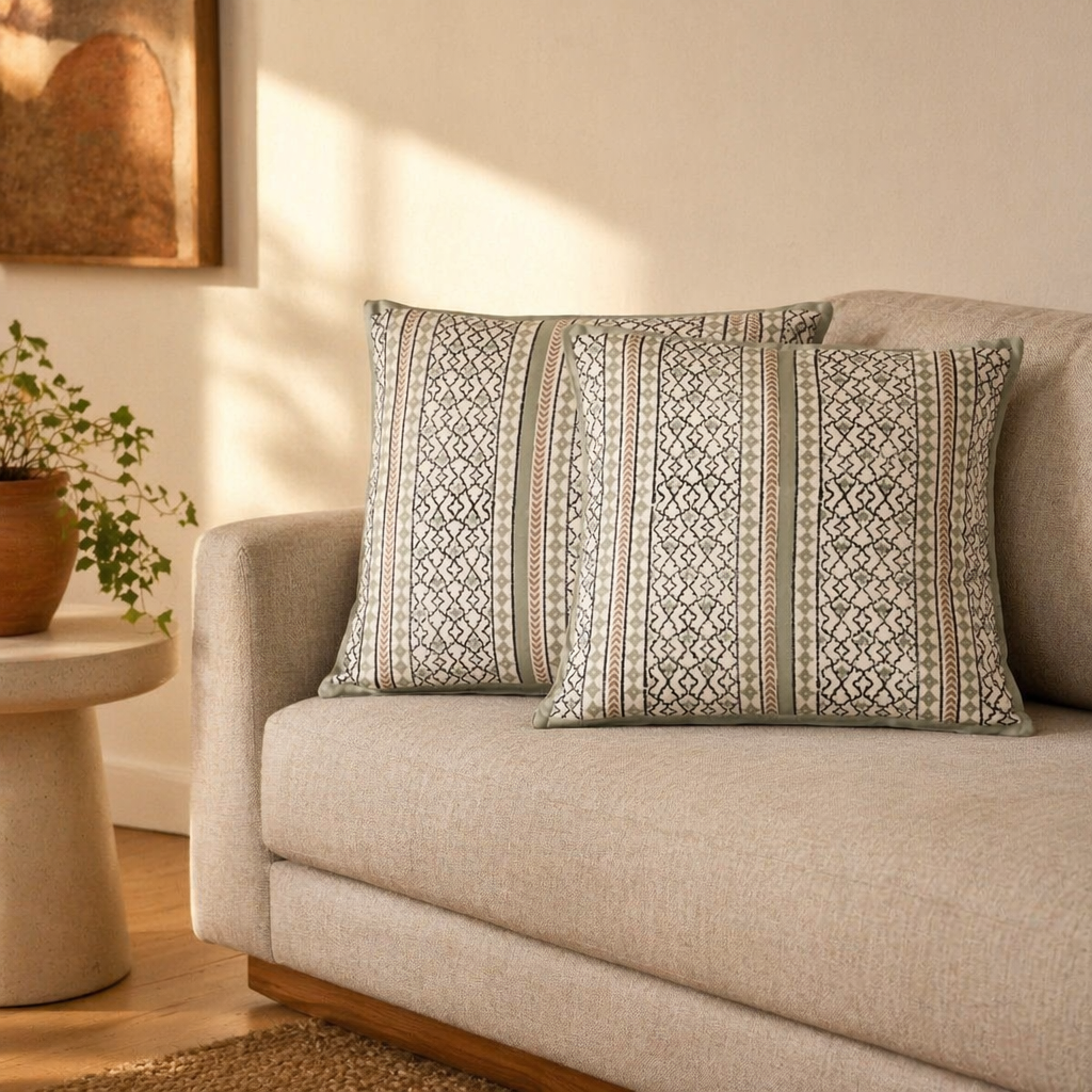 Aqua Stripe Hand Block-Printed Cotton Cushion Cover, The Living Room. Handmade in India by House of Taraasha.