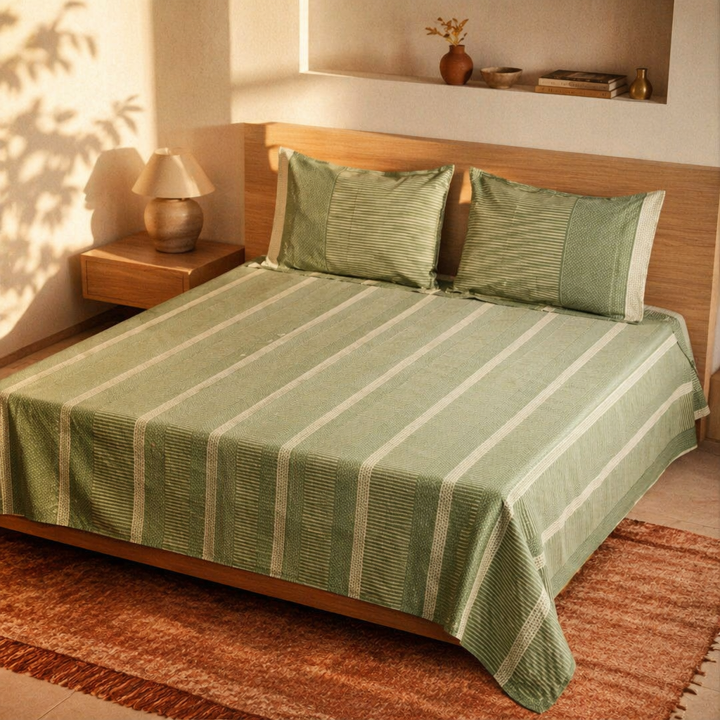 Sanganer Hand Block-Printed Cotton Bedsheet, Fern & Ivory, The Linen Room. Handmade in India by House of Taraasha.