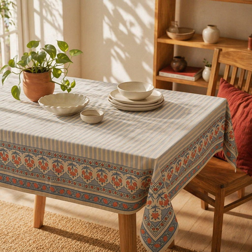 Royal Courtyards Table Cloth Blue and Dusty Pink, The Gathered Table. Handmade in India by House of Taraasha.