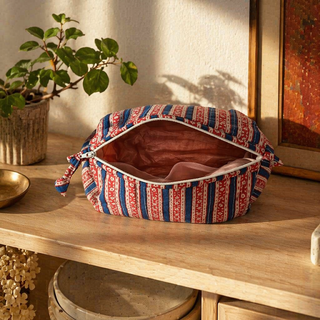 Quilted Block-Print Pouch Red and Blue, Medium, The Gift Room. Handmade in India by House of Taraasha.