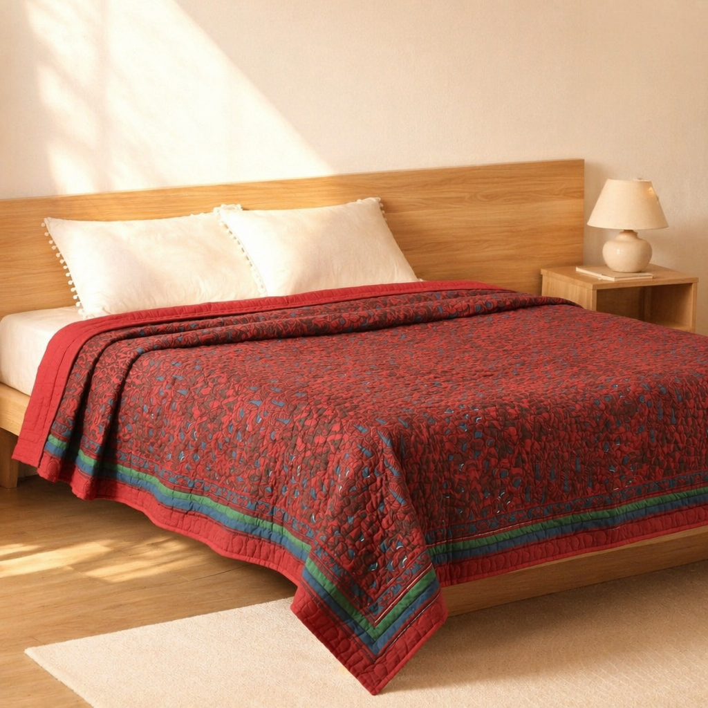 Chintz Brick Red and Navy Quilted Bed Cover, The Linen Room. Handmade in India by House of Taraasha.