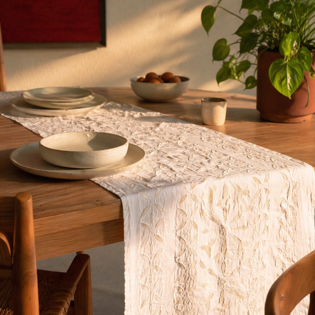 Applique Cutwork Runner Lily White with Mirrors, The Gathered Table. Handmade in India by House of Taraasha.
