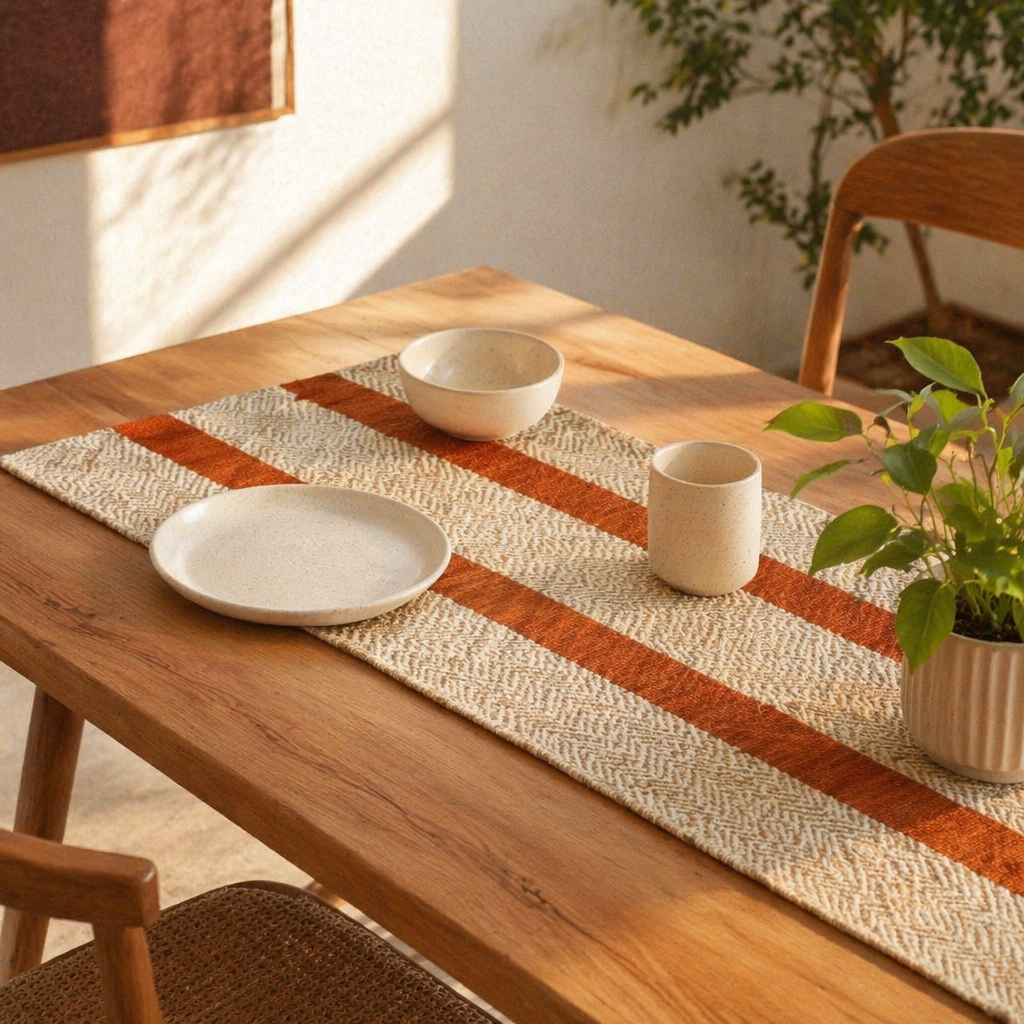 Madur Rust Handwoven Grass Table Runner, The Gathered Table. Handmade in India by House of Taraasha.