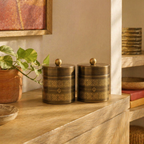 Kanjeevaram Antique Brass Kitchen Jar Duo, The Brass Atelier. Handmade in India by House of Taraasha.