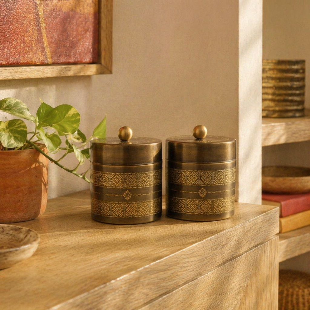 Kanjeevaram Antique Brass Kitchen Jar Duo, The Brass Atelier. Handmade in India by House of Taraasha.