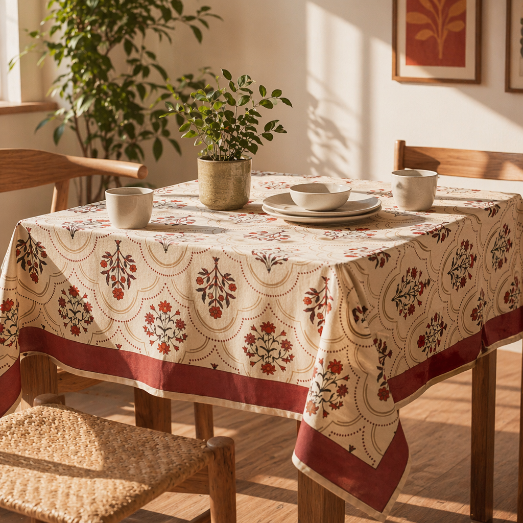 Rust & Maroon Ornate Floral Cotton Tablecloth, The Gathered Table. Handmade in India by House of Taraasha.