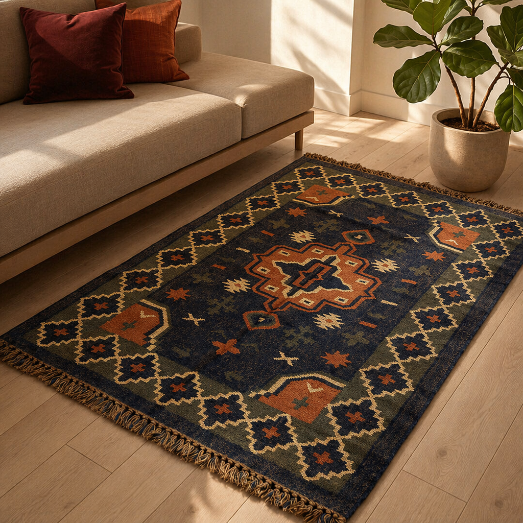Geometric Indigo Punja-Woven Jute and Wool Rug, The Woven Floor. Handmade in India by House of Taraasha.