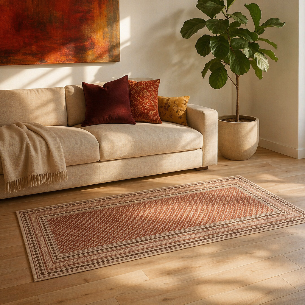 Maroon and Black Hand Block-Printed Floor Rug, The Woven Floor. Handmade in India by House of Taraasha.