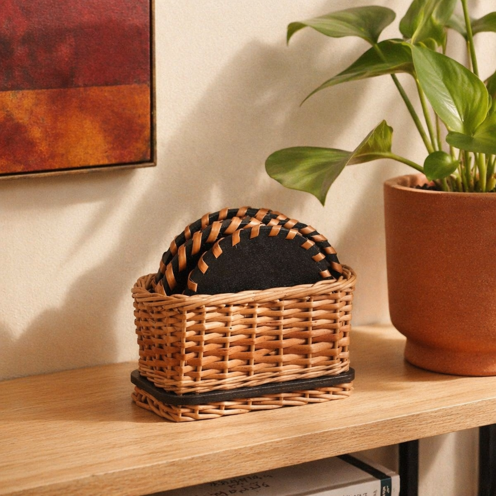 Willow Wicker Coaster Set Kashmir, with Holder, The Brass Atelier. Handmade in India by House of Taraasha.