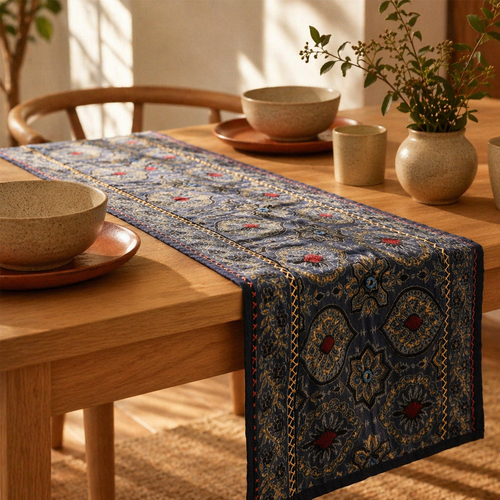 Ajrakh Block-Printed Runner Indigo and Green, The Gathered Table. Handmade in India by House of Taraasha.