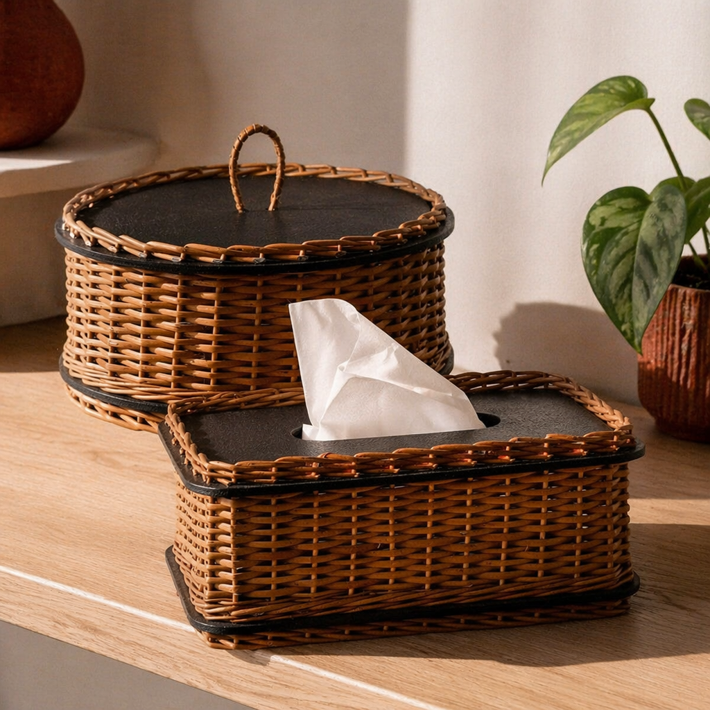 Kashmir Willow Storage Box & Tissue Box, The Wicker House. Handmade in India by House of Taraasha.