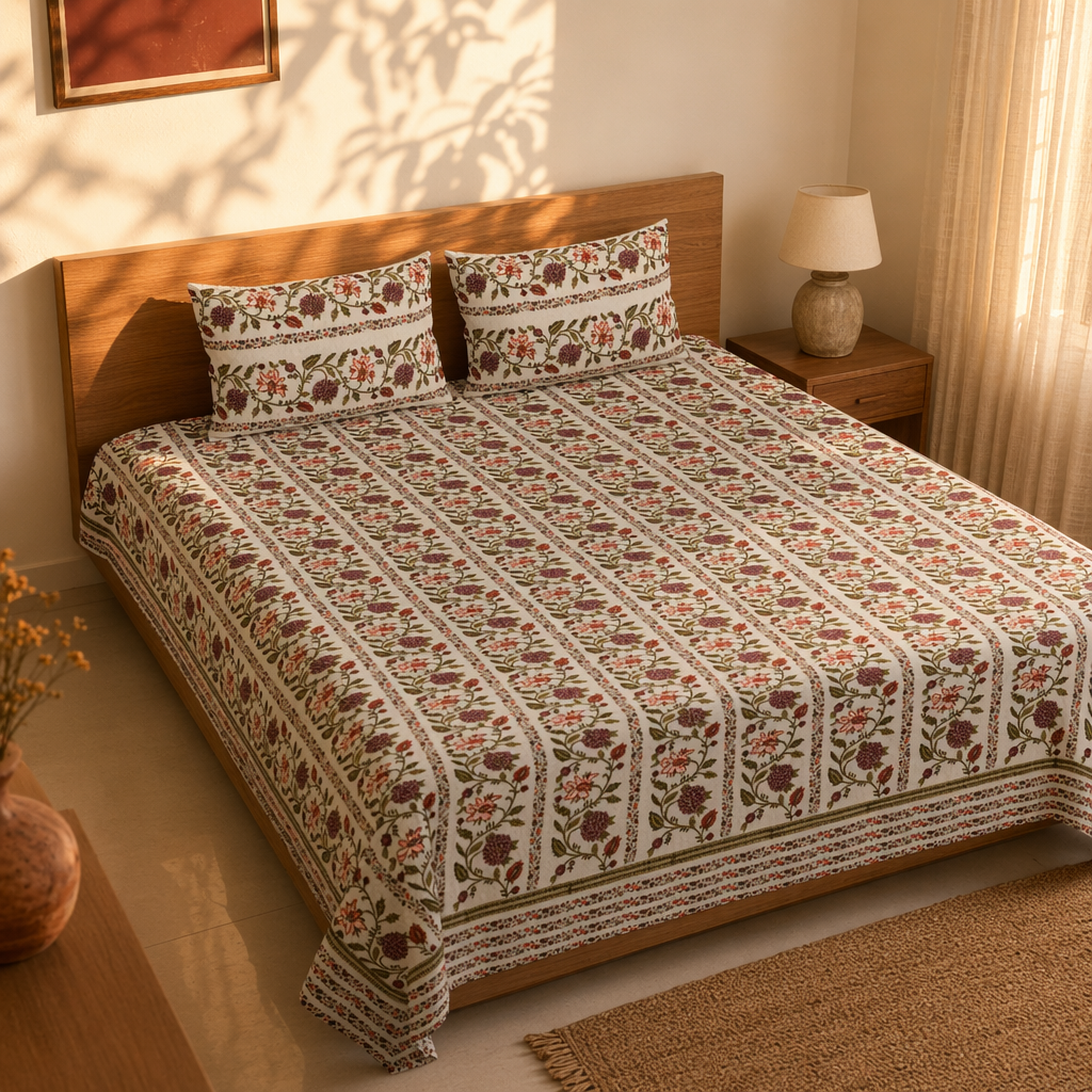 Floral Vine 300 TC Block-Printed Cotton Bedsheet, The Linen Room. Handmade in India by House of Taraasha.