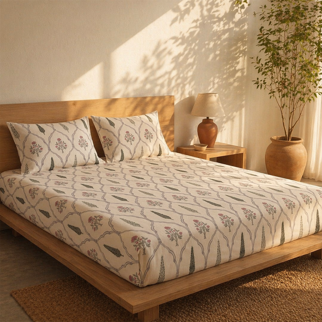 Cypress Pink Hand-Printed Floral Bedsheet, The Linen Room. Handmade in India by House of Taraasha.
