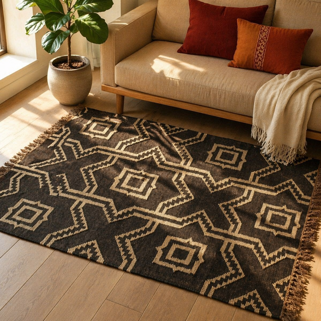 Monochrome Geometric Punja-Woven Jute & Wool Rug, The Woven Floor. Handmade in India by House of Taraasha.