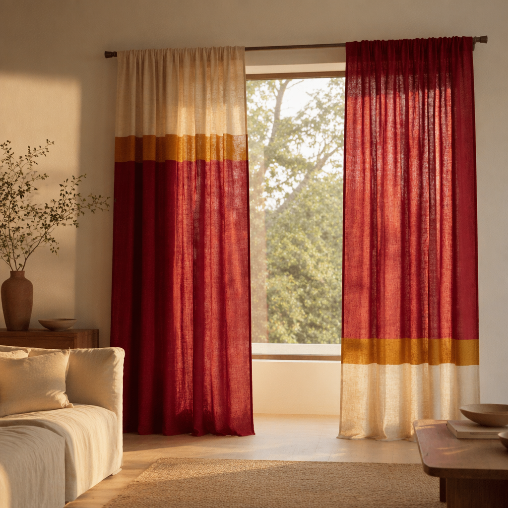Reversible Maroon and Off-White Door Curtain, The Draped Window. Handmade in India by House of Taraasha.