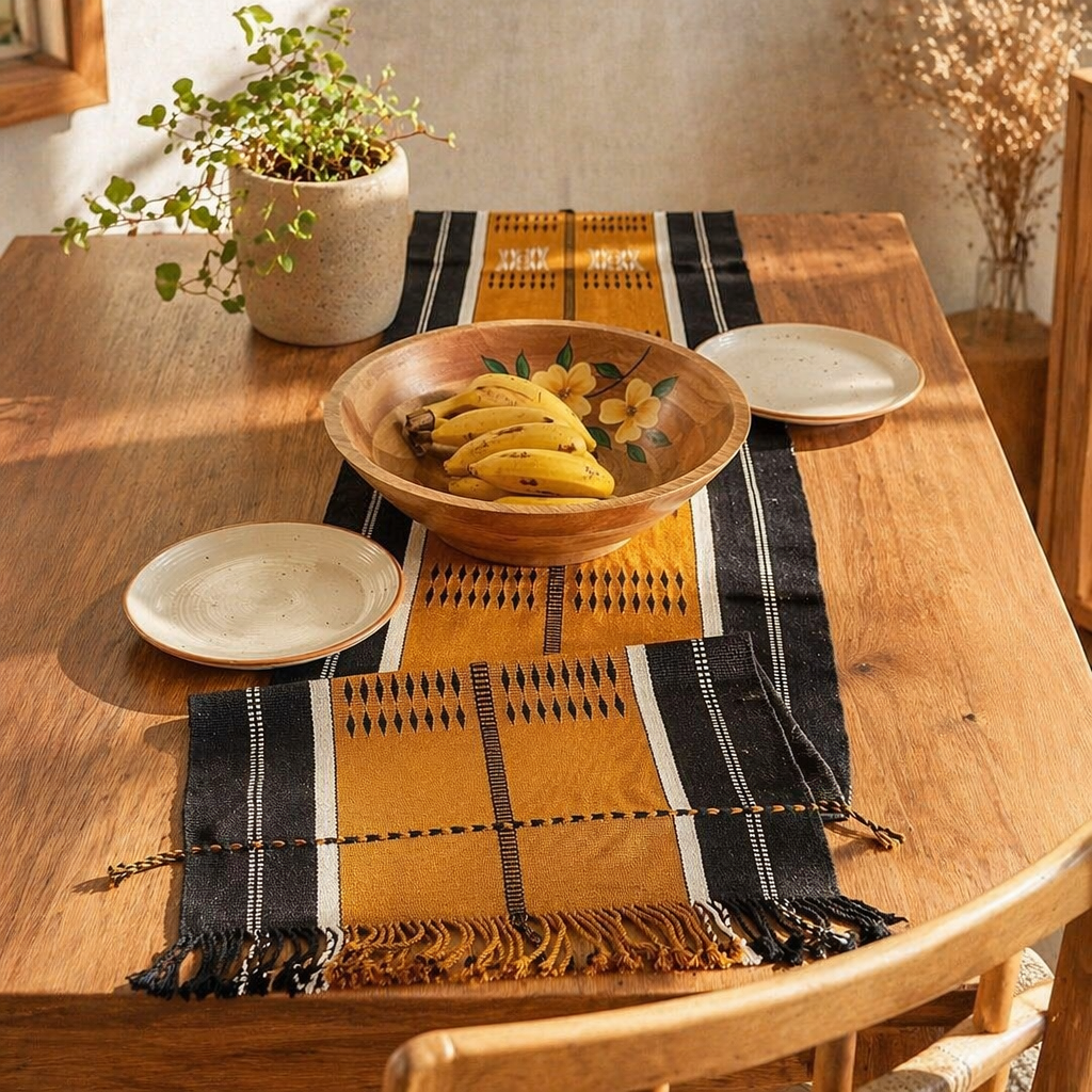 Naga Backstrap-Woven Runner Mustard and Black, The Gathered Table. Handmade in India by House of Taraasha.