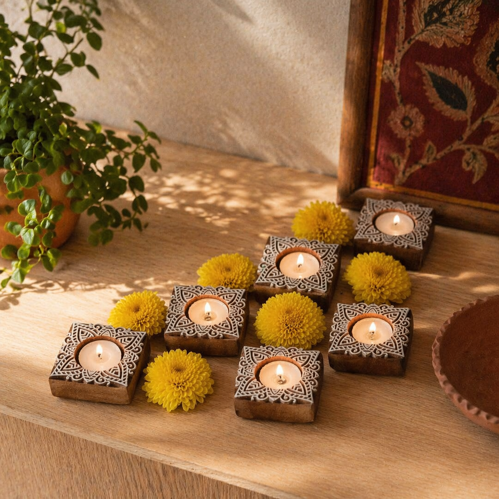 Carved Diya Hand-Engraved Wooden Tea Light Holders, Still Light. Handmade in India by House of Taraasha.