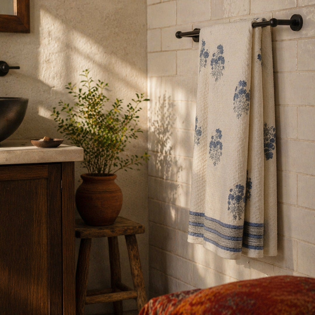 Blue Floral Hand Block-Printed Cotton Bath Towel, The Linen Room. Handmade in India by House of Taraasha.