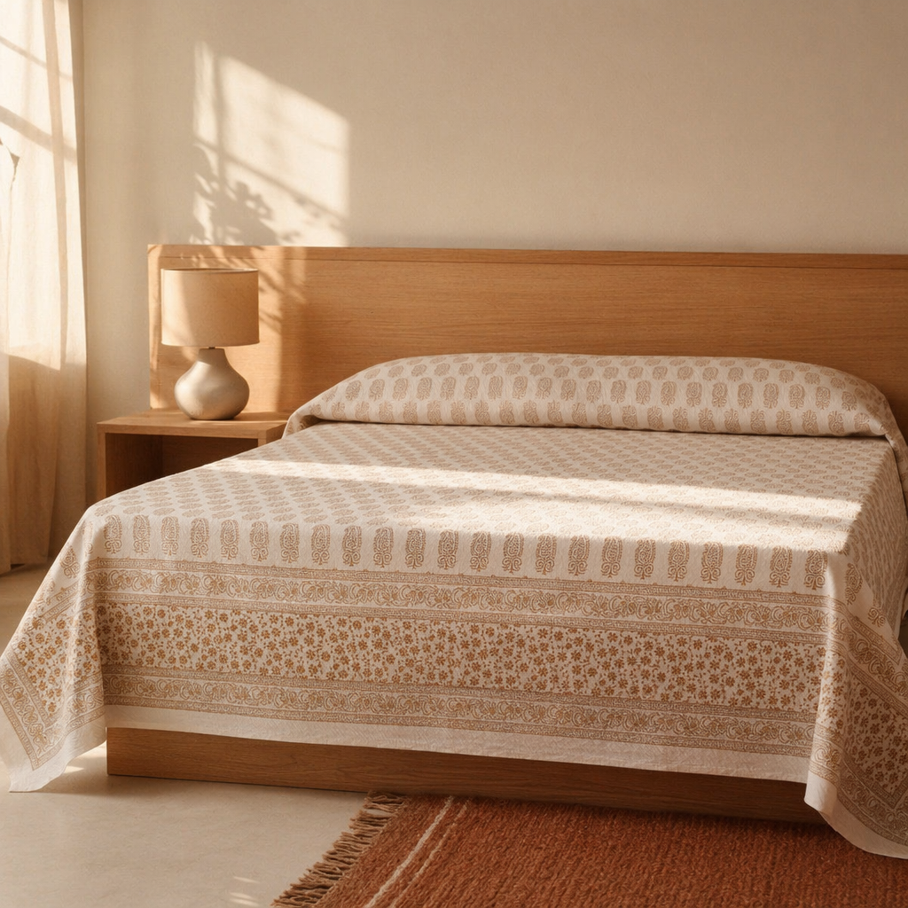 Gold on White Hand-Printed Cotton Bed Cover, The Linen Room. Handmade in India by House of Taraasha.