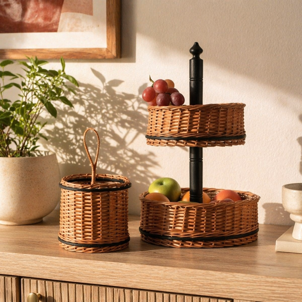 Kashmiri Willow Wicker Fruit Basket & Cutlery Holder, The Wicker House. Handmade in India by House of Taraasha.