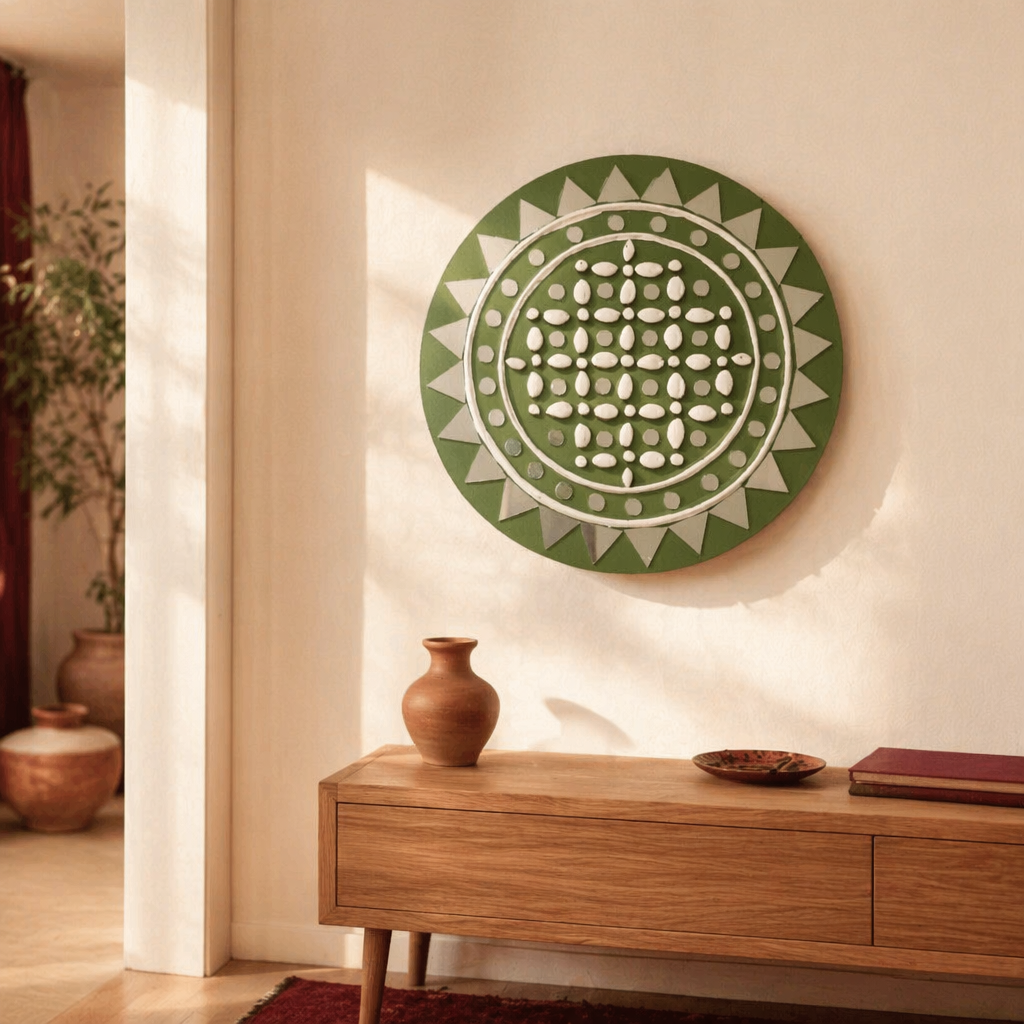 Olive Lippan Mud & Mirror Wall Disc, The Art Wall. Handmade in India by House of Taraasha.
