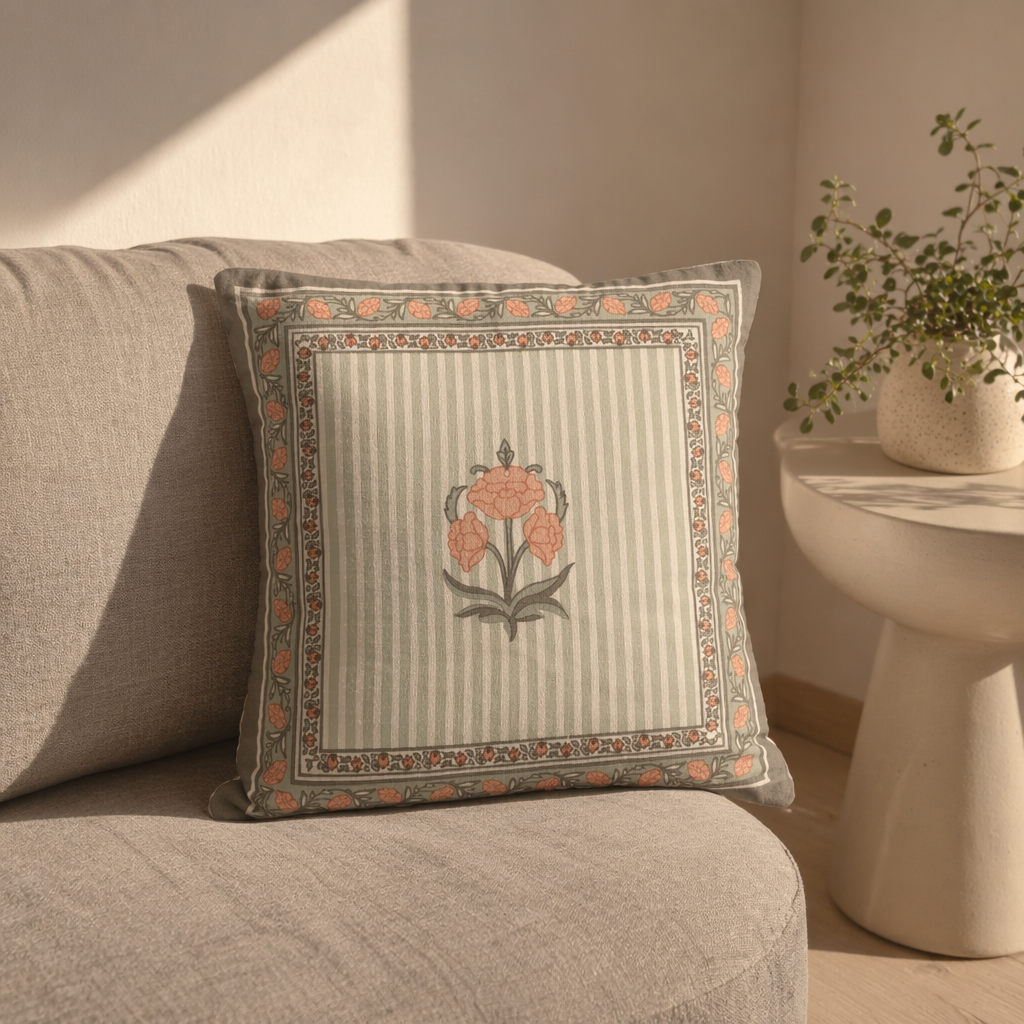 Floral Green and Dusty Pink Hand-Printed Cushion Cover, The Living Room. Handmade in India by House of Taraasha.