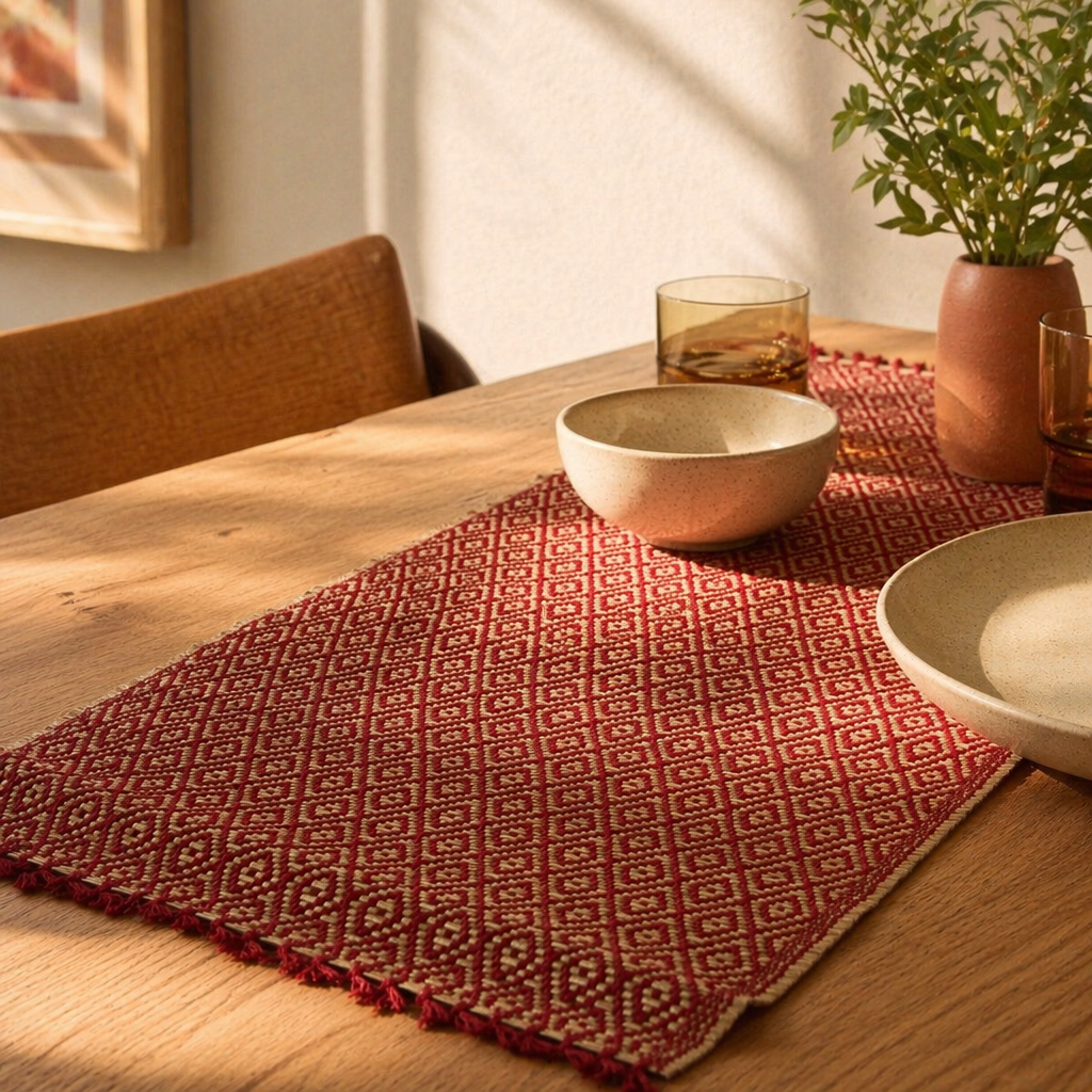 Madur Maroon Handwoven Grass Table Runner, The Gathered Table. Handmade in India by House of Taraasha.