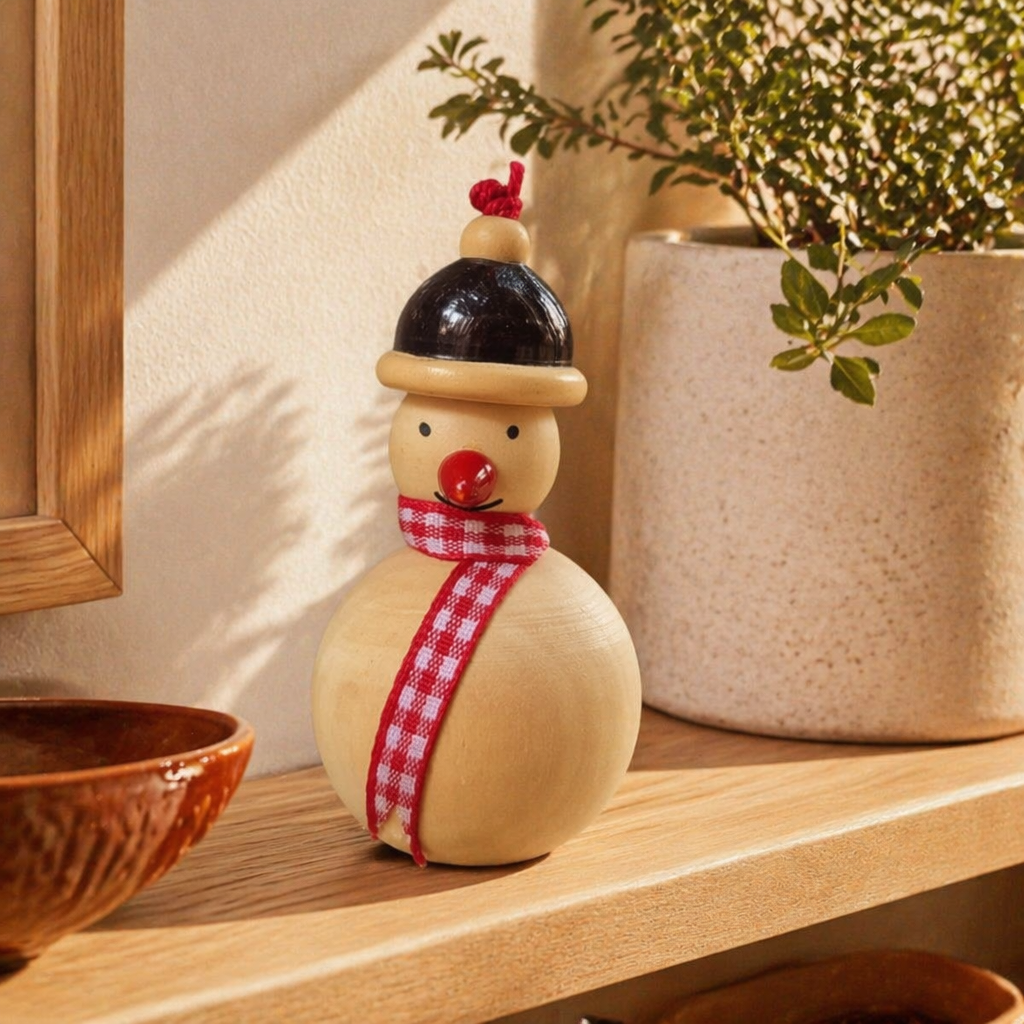 Channapatna Lacquered Snowman Ornaments Natural Dye Pair, Still Light. Handmade in India by House of Taraasha.