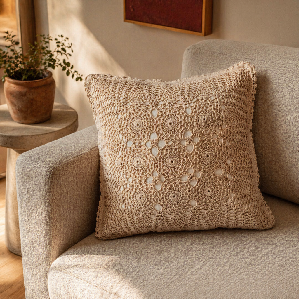 White Crochet Handmade Cotton Cushion Cover, The Living Room. Handmade in India by House of Taraasha.