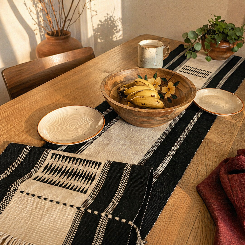 Black & White Tribal Naga Backstrap-Woven Runner, The Gathered Table. Handmade in India by House of Taraasha.