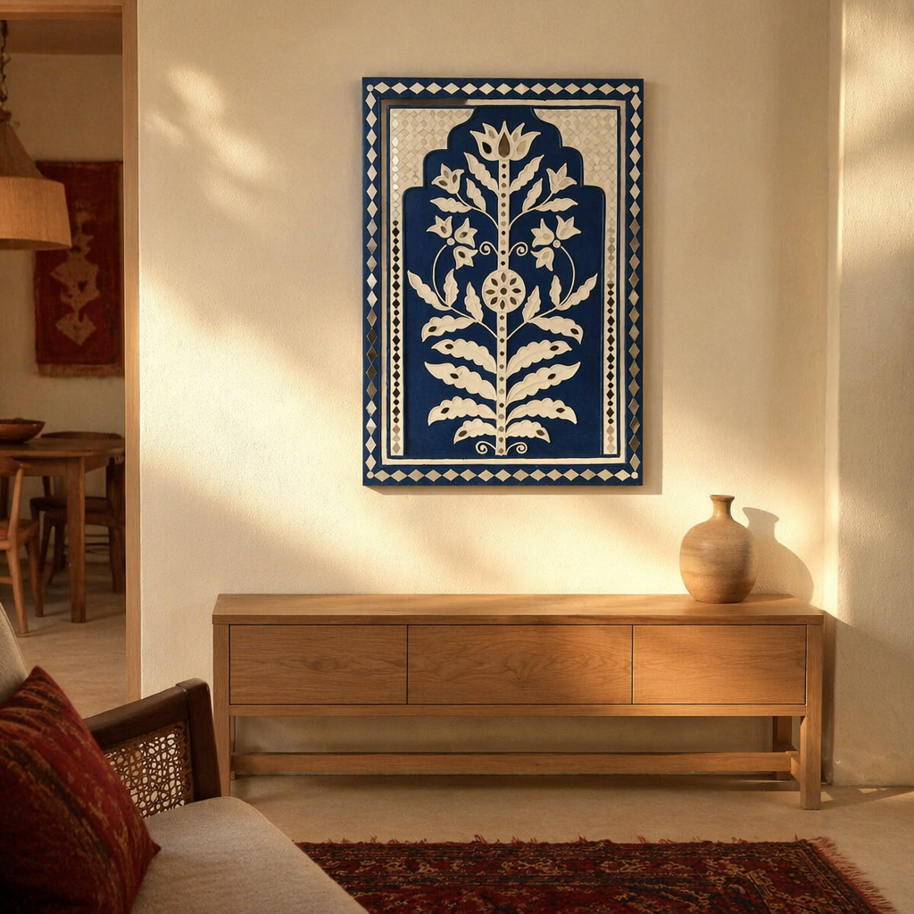 Persian Blue Lippan Wall Hanging Jodhpur Motif, The Art Wall. Handmade in India by House of Taraasha.