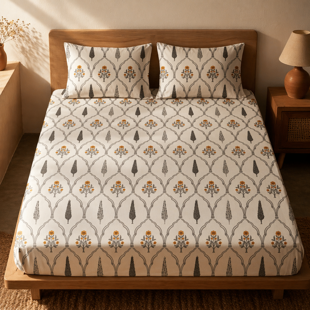 Cypress Yellow Hand-Printed Floral Bedsheet, The Linen Room. Handmade in India by House of Taraasha.