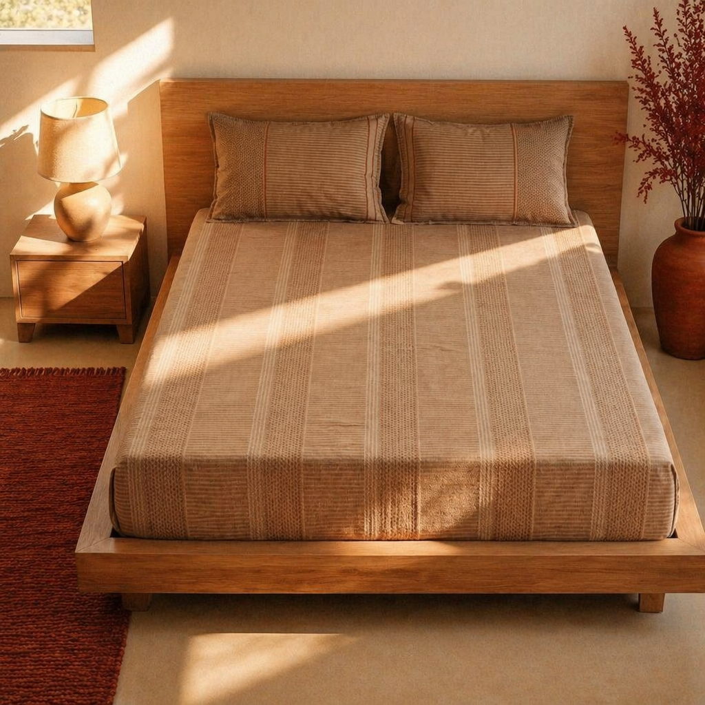 Taupe & Wine Textured Sanganer Bedsheet, The Linen Room. Handmade in India by House of Taraasha.