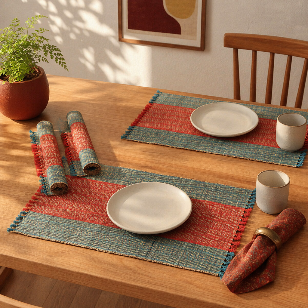 Crystal Teal & Red Madur Grass Table Mat, The Gathered Table. Handmade in India by House of Taraasha.