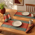 Crystal Teal & Red Madur Grass Table Mat, The Gathered Table. Handmade in India by House of Taraasha.