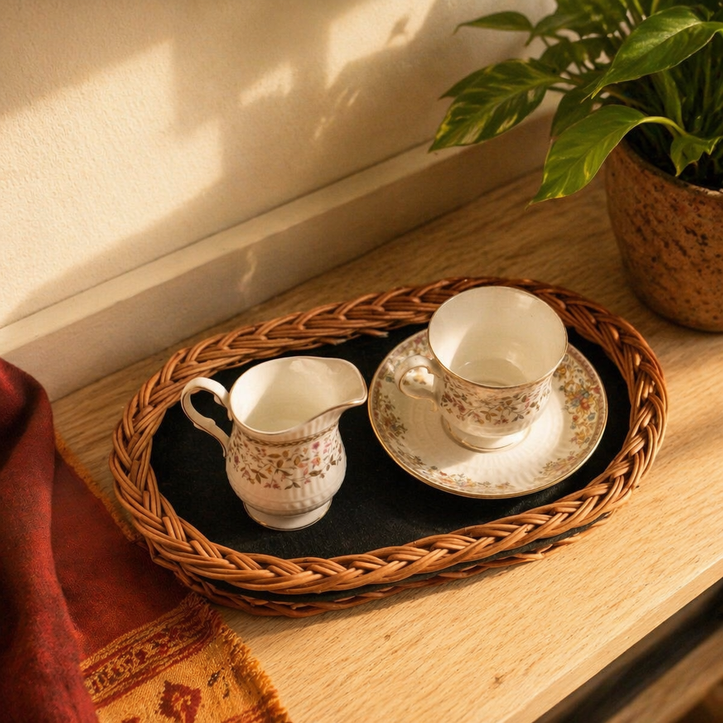 Ganderbal Kashmir Willow Wicker Serving Tray, The Brass Atelier. Handmade in India by House of Taraasha.